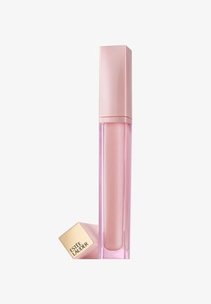 Durchsichtiger, rosafarbener Lipgloss in einem hohen, rechteckigen Durchsichtigen Behälter mit einer hellrosa Metallkappe und einem goldenen quadratischen Fuß, auf dem die Marke "Estée Lauder" abgedruckt ist.