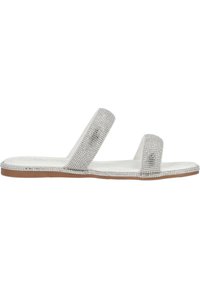 Zilveren versierde sandalen met twee brede banden en een platte zool met een gestructureerde rand en een gladde, gevoerde inlegzool.