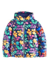 Puffjacka med huva, med en blå bakgrund prydd med flerfärgade blommönster. Dragkedjestängning och vadderad textur.