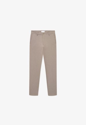 Beige tailored trousers with a slim fit, featuring a zip fly, front pockets, and a subtle textured pattern. Made from a lightweight fabric.