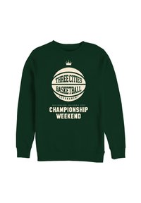 Felpa verde con un grande grafica di un pallone da basket e testo: "TORNEO DI BASKET TRE CITTÀ" e "WEEKEND DEL CAMPIONATO."
