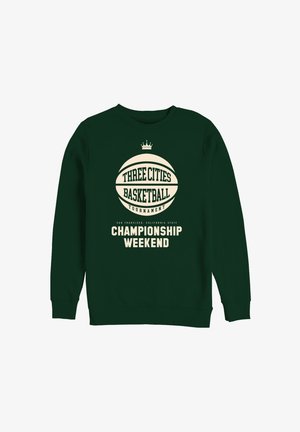 Felpa verde con un grande grafica di un pallone da basket e testo: "TORNEO DI BASKET TRE CITTÀ" e "WEEKEND DEL CAMPIONATO."