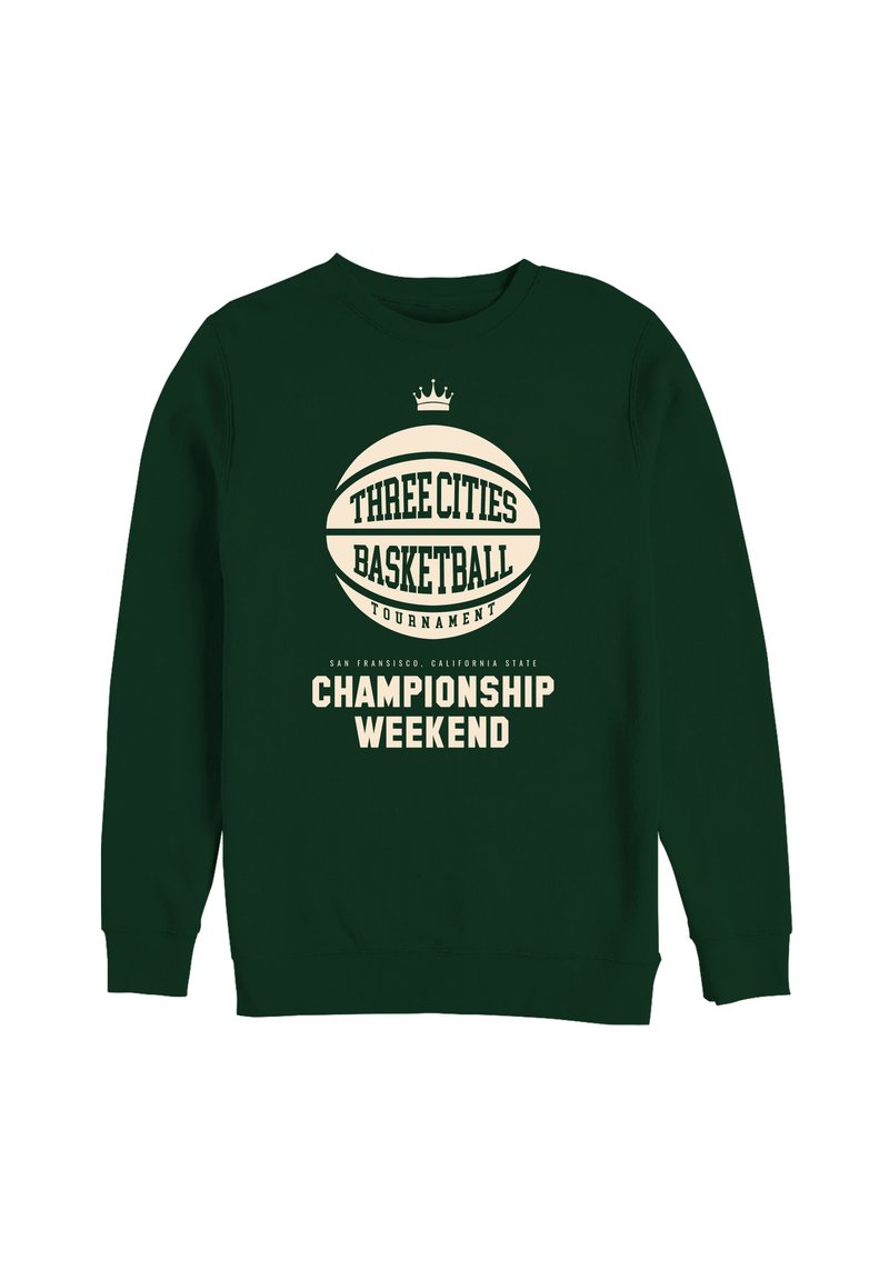 Felpa verde con un grande grafica di un pallone da basket e testo: "TORNEO DI BASKET TRE CITTÀ" e "WEEKEND DEL CAMPIONATO."