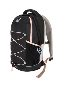 Rucsac negru cu accente de plasă, design cu cordon elastic roz deschis, un buzunar frontal și un panou posterior gri. Include bretele reglabile și o mânere de transport.