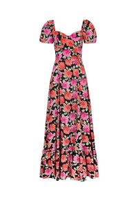 Robe maxi florale avec des manches bouffantes, un décolleté en cœur, en tissu noir orné de roses multicolores et un ourlet volanté évasé.