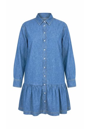 Pitkähihainen sininen farkkumekko, jossa nappikiinnitys edessä, kaulus ja kerrostettu helma, valkoisella taustalla.