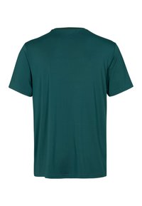 Tricou verde închis cu mâneci scurte și guler rotund, văzut din spate, cu material simplu, neted și croială standard.