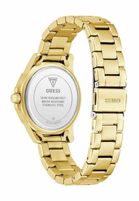Gold stainless steel wristwatch with a round case, brushed and polished links, and a white dial. Water-resistant up to 50 meters.