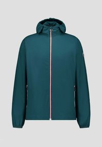 Türkisfarbene leichte Jacke mit Kapuze, durchgehendem Frontreißverschluss, elastischen Bündchen und roten Akzenten. Zwei Seitentaschen mit Reißverschlüssen. Glatte Textur.