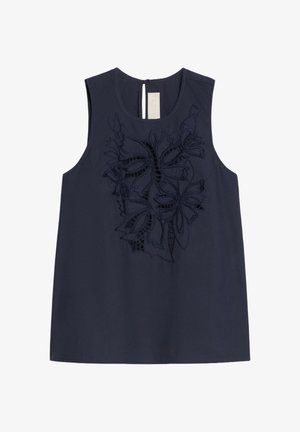 Blusa senza maniche blu navy con scollo rotondo e ricamo elaborato con farfalle e fiori sul davanti.