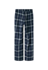 Pantalons à carreaux marine avec une taille élastique, présentant un motif de grille blanche. Fabriqués en tissu doux, avec une coupe décontractée et évasée.
