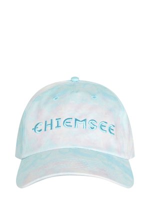 Light blue and white tie-dye baseball cap with curved brim featuring embroidered "CHIEMSEE" text in blue on the front.