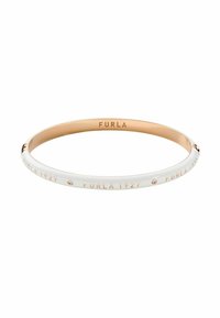 Bracciale rigido color oro con inlay in smalto bianco. L'incisione del testo "Furla 1927" e un piccolo cristallo accentuano il design.