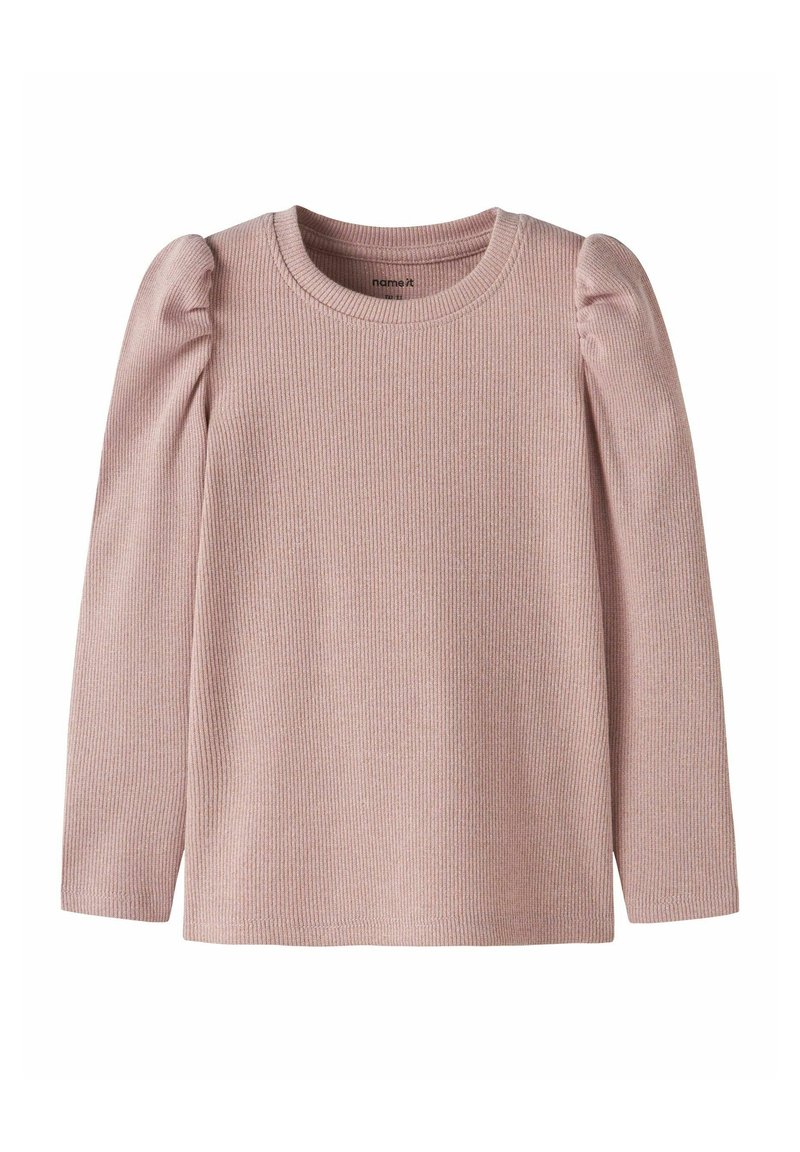 Top de manga larga rosa con textura acanalada, escote redondo y detalles de hombros abullonados. Confeccionado en una suave tela elástica.