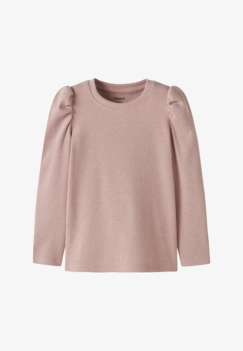 Maglietta a maniche lunghe rosa con texture a coste, scollatura tonda e dettagli con spalle a palloncino. Realizzata in morbido tessuto elasticizzato.