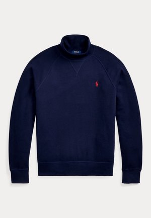Marineblauer Rollkragenpullover mit langen Ärmeln und rotem Polo Ralph Lauren Logo, das auf der linken Brust gestickt ist.