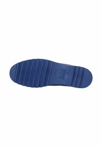 Blue rubber shoe sole with textured patterns, featuring horizontal grooves for grip and the printed brand name "KELVIN & HAMILTON."