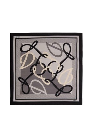 Foulard quadrato con bordo nero, linee astratte a spirale e forme di foglie curve in tonalità beige, nero e grigio.