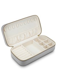Light gray jewelry box with a zippered closure, featuring a soft interior, multiple compartments, and padded spaces for rings.