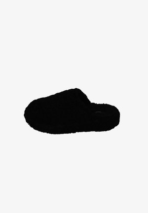 Black fuzzy slipper with a closed toe and backless design, featuring soft texture and a thick, cushioned sole for comfort.