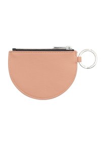 Custodia rotonda per monete in pelle rosa con cerniera nera e minuteria in argento. Presenta un attacco per portachiavi e una texture liscia.