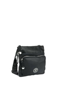 Borsa a tracolla nera in nylon con tracolla regolabile, tasca frontale con zip e logo accattivante. Texture liscia e forma rettangolare. Due scomparti.