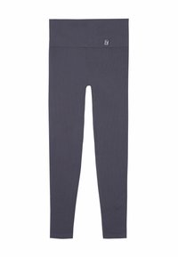 Graue gerippte Leggings aus elastischem Stoff, mit einem breiten Bund und einem seitlichen Logoetikett. Vollständiger Längenstil mit figurbetonter Passform.