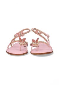 Sandalias planas rosas con adornos de mariposa y rhinestones, que cuentan con un diseño de tiras y una suela de goma lisa.