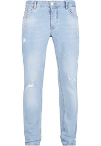 Jeans de mezclilla de color azul claro con corte slim, que presentan detalles desgastados en las rodillas y un diseño estándar de cinco bolsillos.