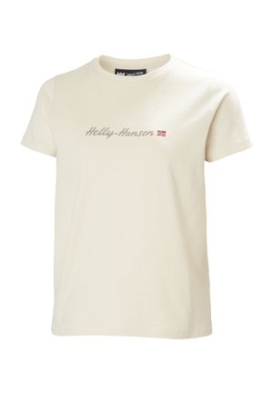 Crèmekleurig katoenen t-shirt met korte mouwen, met daarop in het grijs "Helly-Hansen" gedrukt en een klein Noors vlagembleem aan de linkerkant.