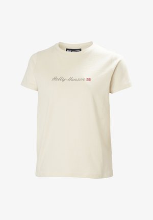 Crèmekleurig katoenen t-shirt met korte mouwen, met daarop in het grijs "Helly-Hansen" gedrukt en een klein Noors vlagembleem aan de linkerkant.