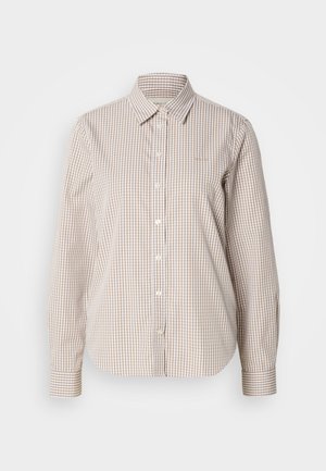 Langarm-Hemd mit Knopfleiste in braun und cremefarbenem Gingham-Muster. Verfügt über einen spitzen Kragen und einen leicht taillierten Schnitt.