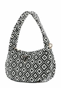 Sac à main tissé noir et blanc de forme hobo, présentant un motif géométrique, une plaque logo triangulaire et une bandoulière texturée.