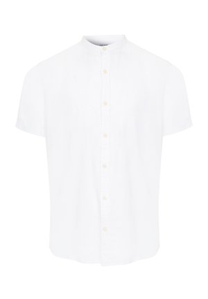 Chemise en lin blanche à manches courtes avec col montant et fermeture à boutons, offrant une coupe décontractée et une texture douce.