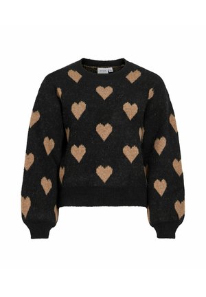 Czarny sweter o krótkim kroju, z wzorem beżowych serc. Wykonany z miękkiego, teksturowanego materiału z prążkowanymi mankietami i dekoltem.