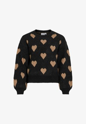 Crna majica s krojenim dizajnom, s uzorkom svijetlosmeđih srca. Izrađena od mekog teksturiranog materijala s rebrastim manšetama i okruglim izrezom.