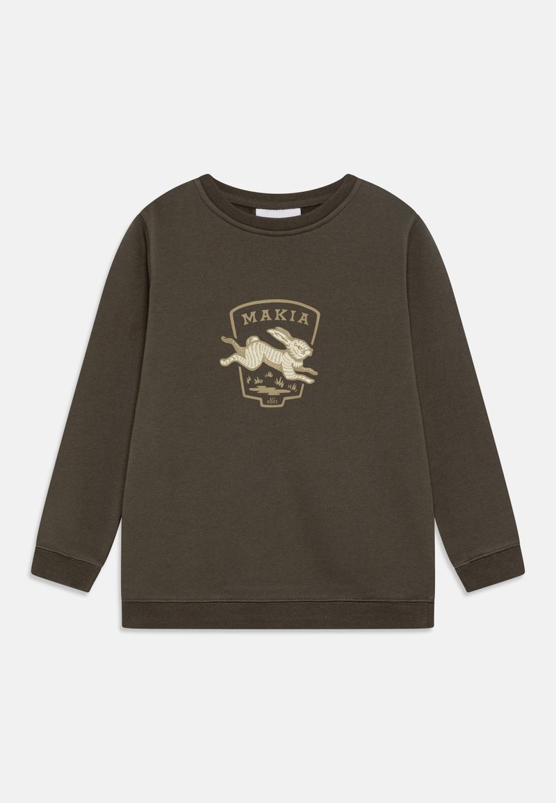 Sweatshirt à manches longues vert olive foncé en coton, avec un badge graphique beige représentant un lièvre en train de sauter.