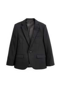 Veste de costume noire avec revers crantés, fermeture à un bouton, poches avant et doublure intérieure lisse. Coupe ajustée avec des lignes épurées.