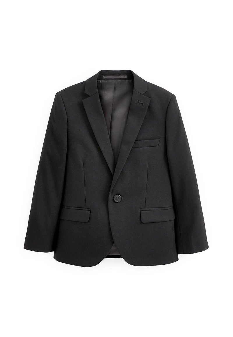 Zwarte blazer met notch-lapels, enkele knoopsluiting, voorzakken en een gladde voering. Tailored fit met strakke lijnen.