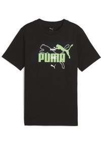 Camiseta de algodón negra con un gráfico en verde y blanco del logo de Puma y un gato saltando, con cuello redondo y mangas cortas.