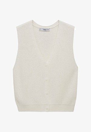 Light cream knitted vest with a V-neck, sleeveless design, five button closure, and ribbed hem. Features a textured pattern throughout.