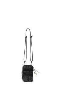 Black crossbody bag made of quilted material, featuring adjustable straps, a zip closure, and a prominent logo print on the front.