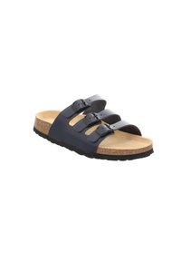 Schwarze Slide-Sandale mit drei Riemen, Korkfußbett und Gummisohle; verfügt über verstellbare Schnallen und eine glatte, matte Oberfläche.