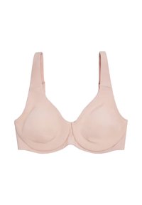 Sostenedor rosa claro con un acabado suave, copas moldeadas, tirantes anchos y un diseño simple, sin patrones visibles ni herrajes.