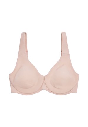 Sostenedor rosa claro con un acabado suave, copas moldeadas, tirantes anchos y un diseño simple, sin patrones visibles ni herrajes.