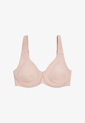 Sostenedor rosa claro con un acabado suave, copas moldeadas, tirantes anchos y un diseño simple, sin patrones visibles ni herrajes.