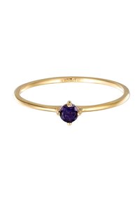 Bague en or avec une fine monture et une améthyste ronde centrale sertie dans six griffes. La pierre précieuse est d'un violet profond, contrastant avec l'or chaud.