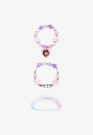 Tre braccialetti colorati: perline rotonde in rosa, viola e trasparente; charm a forma di cuore con un personaggio; perline a forma di stella; uno con le lettere "MEOW"; fascia elastica morbida.