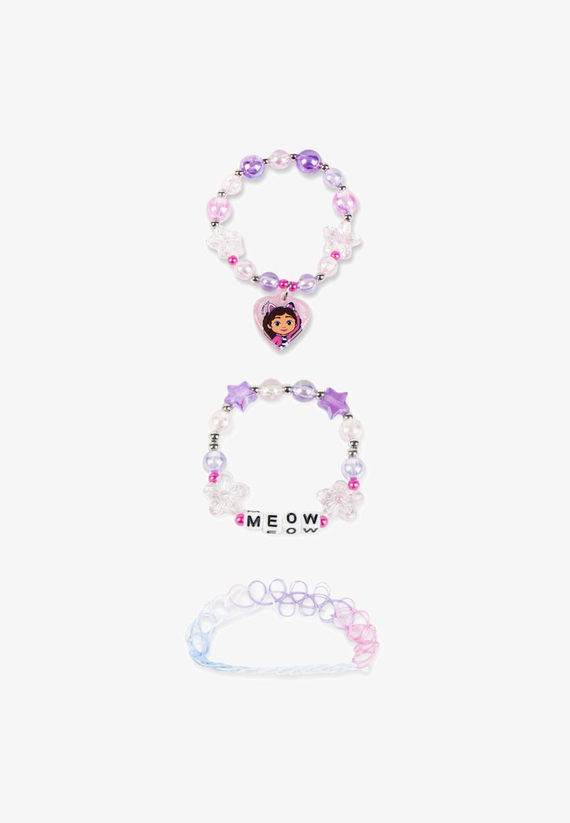 Trois bracelets colorés : perles rondes en rose, violet et transparent ; un charme en forme de cœur avec un personnage ; perles en forme d'étoile ; l'un avec les lettres "MEOW" ; bande élastique douce.