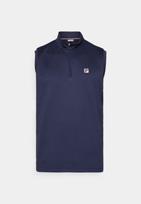 Mørkeblå ermeløs polo med glidelåskrage, laget av et strukturert stoff og med en liten rød og hvit logo på venstre bryst.